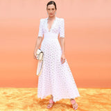 2023 White Gown Dress Women Cotton Hollow Out V-Neck Elegant Maxi Ladies Dress Chic Short Sleeve Summer Dress New