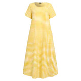 Poshoot  2023 Women Dress Vintage Bohemian Maxi Long Dress Loose Sundress Plaid Printed Sundress  Casual Robe Femme  Vestido