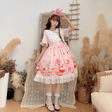 POSHOOT Japanese Sweet Lolita Style Pink Red Women Dress Summer Soft Girly Petal Sleeve Cartoon Printed Dress Kawaii Ruffles Party Dress