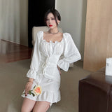 POSHOOT French Off The Shoulder White Elegant Dress 2022 Autumn Women Bandage Retro Party Mini Dress Lady Designer Dress Women Clothing