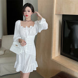 POSHOOT French Off The Shoulder White Elegant Dress 2022 Autumn Women Bandage Retro Party Mini Dress Lady Designer Dress Women Clothing