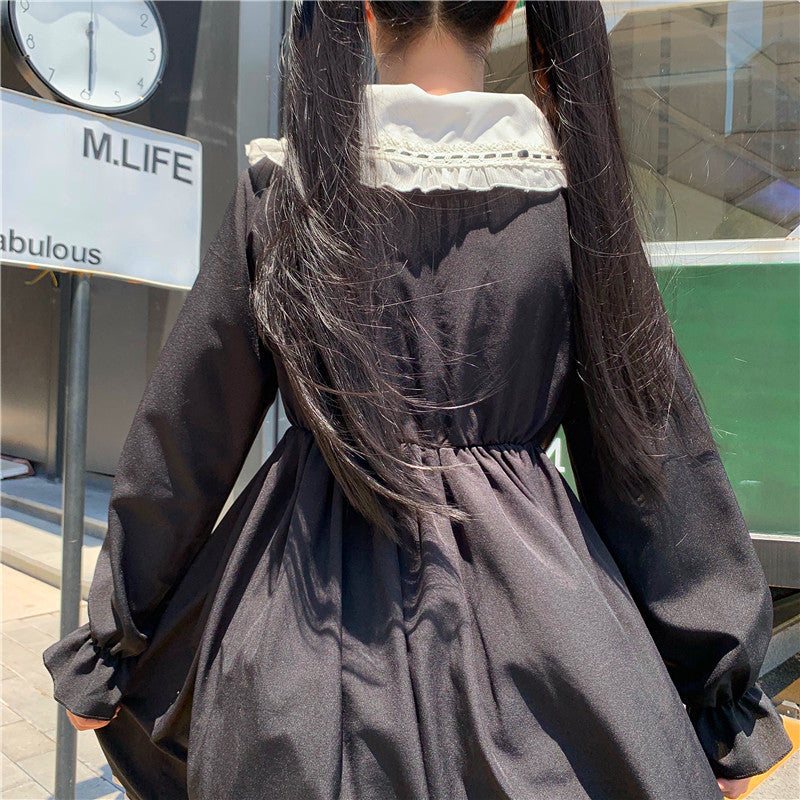 POSHOOT Japanese Lolita Style 2022 Autumn Harajuku Gothic Black Dress Women Sailor Collar Princess Dress Kawaii Ruffles Mid-Calf Dresses