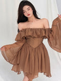 Poshoot  fashion inspo   Holiday Irregular Long Sleeve Beach dress summer Ruffle Off Shoulder female high waist chic women short dresses  Sundress