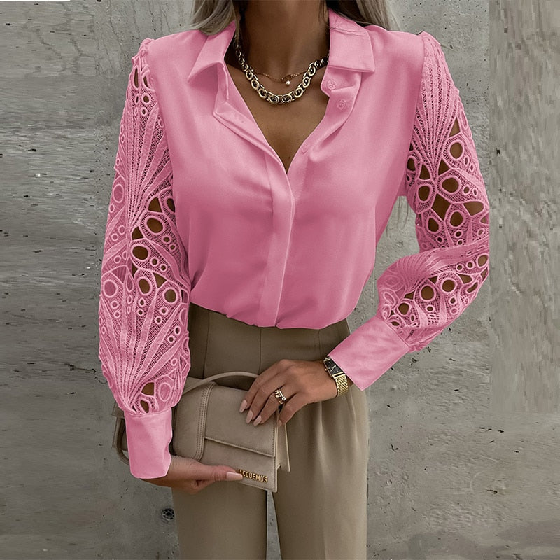 POSHOOT Summer 2022 Casual Fashion Solid Lace Patchwork Long Sleeve Shirt Female Lapel Single Breasted Loose Blouse Hipster Streetwear