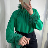 Poshoot  2022 Autumn Winter Feather Long Sleeve Blouse Shirt Women Green Elegant Office Lady Top Shirts Casual Fashion Black