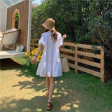 Poshoot Women Dresses Summer Sweet White Puff Sleeve Turn-Down Collar  A-Line Mini Dress Korean Short Sleeve Dresses For Women 2022