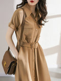 Poshoot 2023 Summer New Light Luxury Imitation Mulberry Silk Shirt Skirt Over-The-Knee Lace-Up Dress Single-Breasted Work Dress