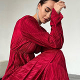 Poshoot 2023 Autumn Winter Women Elegant Solid Red Maxi Pleated Dress Long Sleeve Hollow Out Slim Bodycon Evening Pencil Dress For Women