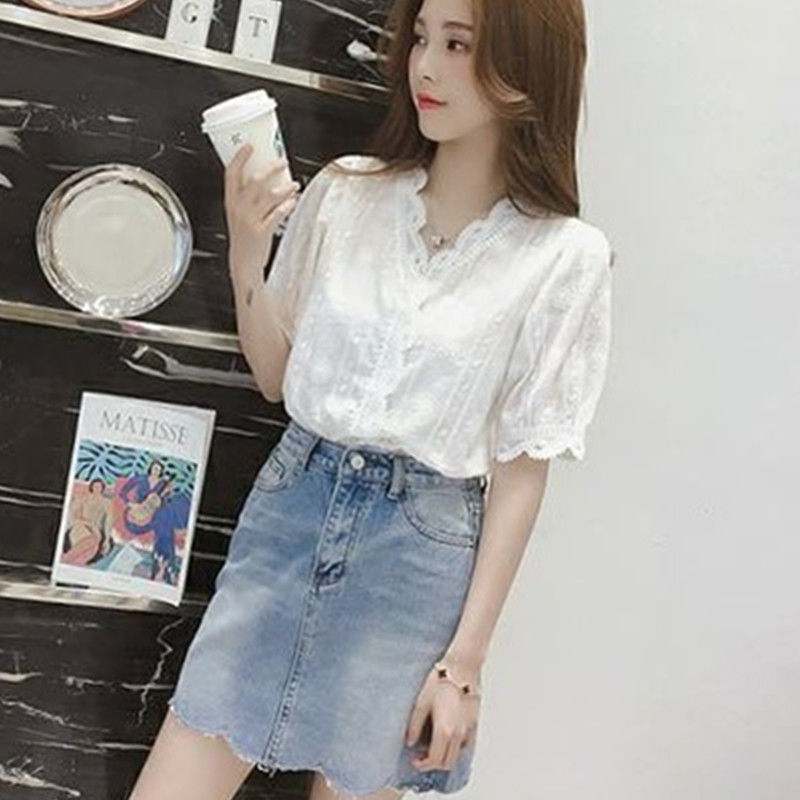 POSHOOT Women Summer Elegant Shirt Korean V-Neck Flower Edge Lace Embroidery Puff Sleeve Cotton Blouse Female Top Plus Size Sweet Blousa