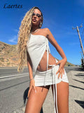 Summer Dress Set Women Outfits Y2K Sexy One Shoulder Drawstring Crop Top And Mini Ruched Skirt Two Piece Sets Beach Suit