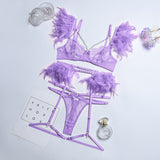 POSHOOT 3-Piece Lace Bra Set Women Chain Patchwork Panty Underwear Set Pink Ladies Sexy Lingerie Set