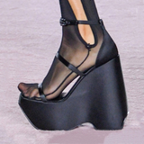 POSHOOT  Wedges Sandals Silk 13CM High Heels Fashion New Buckle Dress Shoes Square Toe Platform Heeled Big Size 42