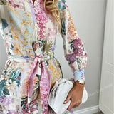 MULTICOLORED FLORAL PRINT Summer DRESS Women Buttons Down Belted Long Sleeve Woman Dress New Elegant Ladies Dress