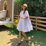 Poshoot Women Dresses Summer Sweet White Puff Sleeve Turn-Down Collar  A-Line Mini Dress Korean Short Sleeve Dresses For Women 2022