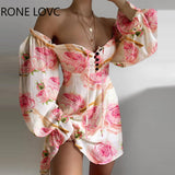 Women Chic Lantern Sleeves Floral Print button lace up A-line Party mini sexy Dress