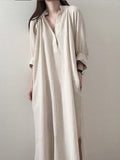 Poshoot Summer New Loose Ladies Dress Solid Color Simple Cotton And Linen Shirt Dress Mid-Length V-Neck Over-The-Knee Casual Dress