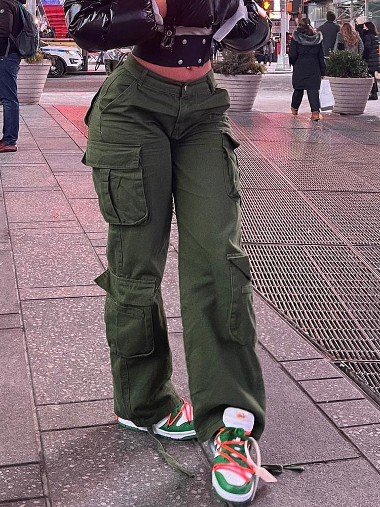 Poshoot Army Green Cargo Pants Baggy Jeans Women Fashion Streetwear Pockets Straight High Waist Casual Vintage Denim Trousers Overalls