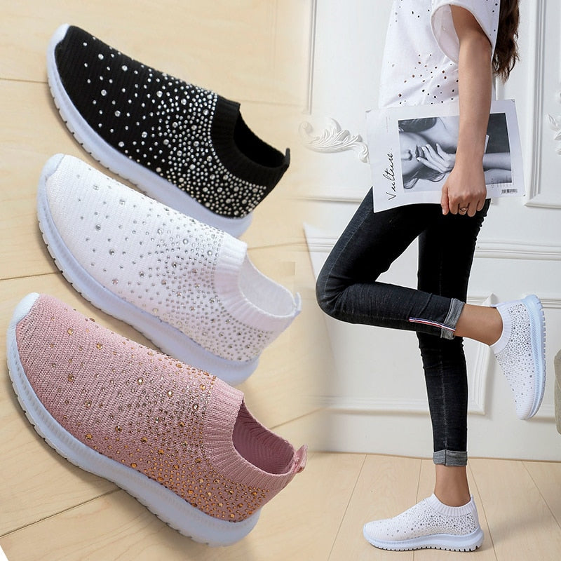 Poshoot Women's Crystal Comfort Soft Bottom Flat Breathable Mesh Sneakers Women's Plus Size Non-Slip Casual Shoes Womens Shoes