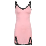 Poshoot  New V-Neck Pink Thin Split Lace  Skinny Hip Strap Tank Mini Party Dress  Women Dresses Vintage Tops V4XV