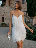 POSHOOT    Dress Women Elegant Feather Spaghetti Straps Mini Dresses Summer Party Club Evening Dresses Vestidos