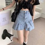 Poshoot Denim Skirt Sweet Ruffles A-LINE Mini Skirts Korean Fashion Streetwear Ladies Short Skirts Jeans Casual All Match Women Skirt