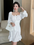 POSHOOT French Off The Shoulder White Elegant Dress 2022 Autumn Women Bandage Retro Party Mini Dress Lady Designer Dress Women Clothing