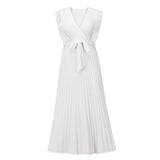 Poshoot V Neck Pleated Korean Chiffon White Long Summer Dress Women Lace Up Holiday Sexy Elegant Beach Maxi Dresses Female 2022 Vetido