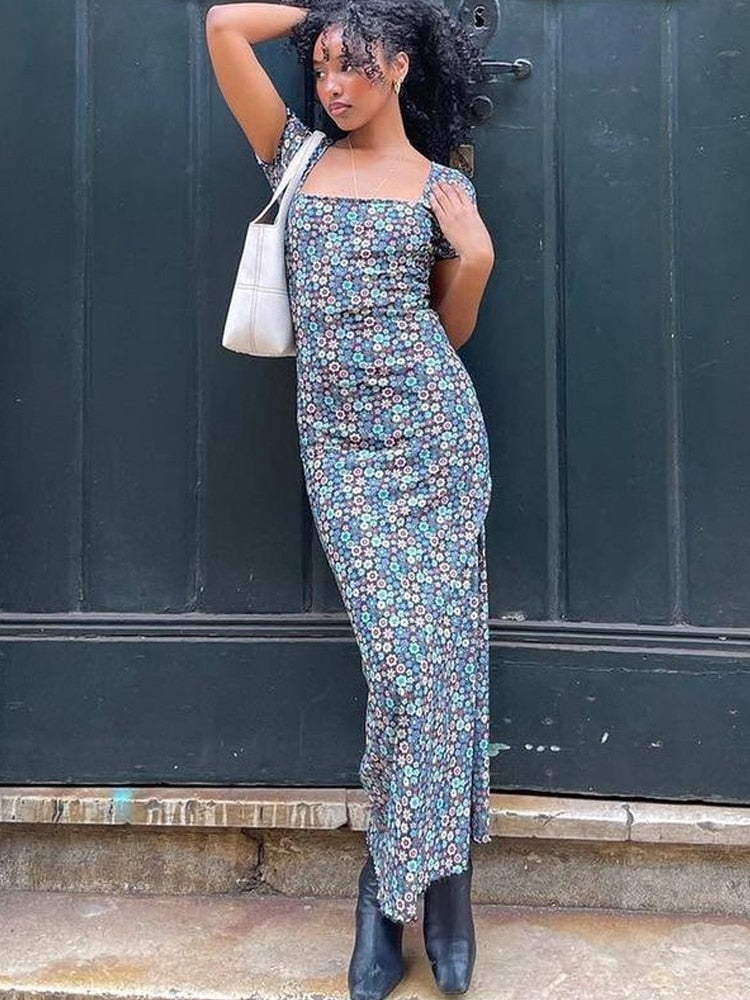 POSHOOT  Vintage Fashion Square Neck Printing Floral Maxi Dresses Chic Summer Beach Dress Women Outfits Long Sundress Y2K Cute
