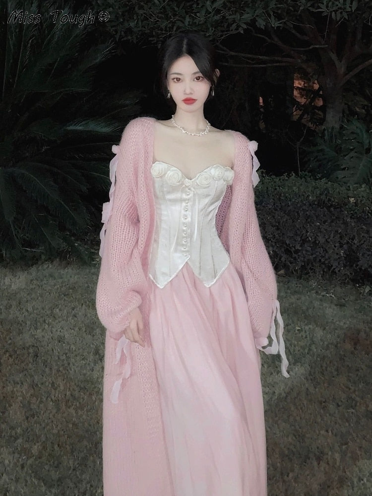 POSHOOT France Vintage Elegant Two-Piece Set Women Flower Casual Evening Party Mini Skirt Suit Pink Korean Style Chic Set Woman 2 Pieces