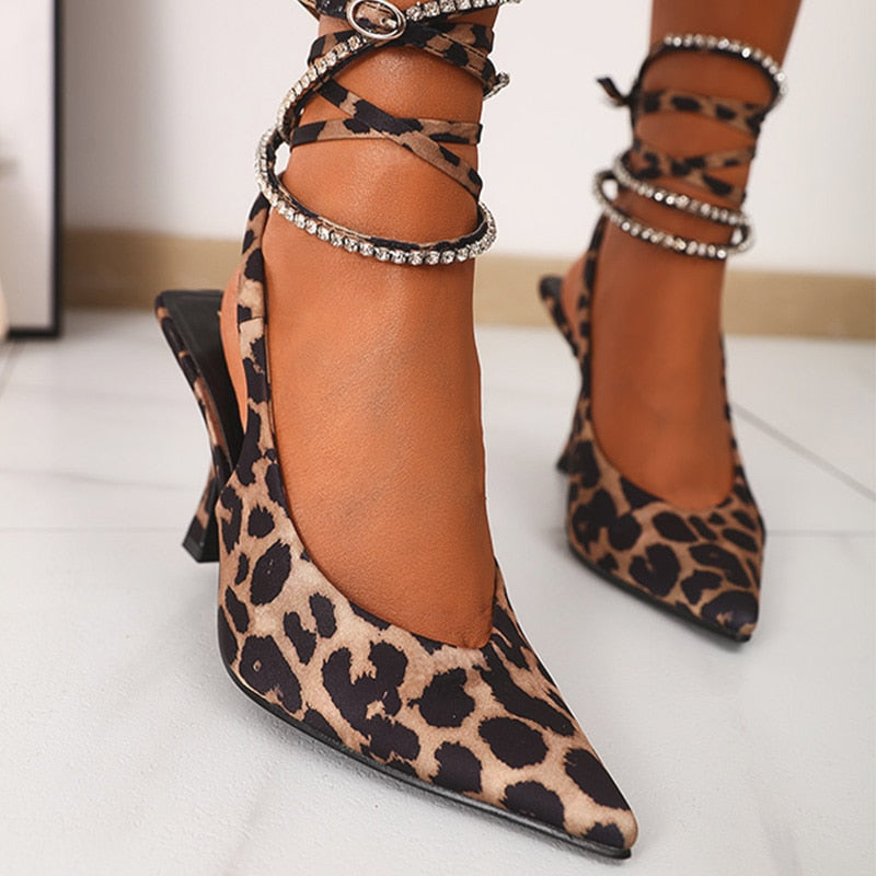 POSHOOT Tino Kino Sexy Rhinestones Sandals Women Leopard Thin High Heels Ladies Pumps Ankle Strap Female 2022 Summer New Party Shoes