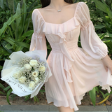 Poshoot  fashion inspo  Ruffle Long Sleeve Dress Square Collar Korean Fairy Dress Lace Up Spring High Waist A-line Slim Pink Short Summer Dress Sundress