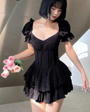 POSHOOT Fashion Elegant Black Puff Sleeve Corset Party Dress Female Mini Chic Solid Ruffles Summer Pleated Dress Double Layer