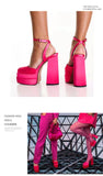 POSHOOT Women Pumps High Heels Silk Shoes Chunky Square Heels Double Platform Red Wedding Shoes Big Size 14Cm Buckle Dress