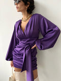 Poshoot 2023 Autumn Winter Women Satin Mini Dress Elegant Office Long Sleeve V-Neck Solid Purple Dress For Women