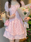 POSHOOT Summer Floral Kawaii Party Mini Dress Women Print Pink Korean Style Chic Fairy Dress Puff Sleeve Princess Sweet Cute Dress 2022