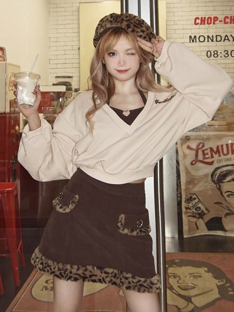 POSHOOT Japanese Sexy Two Peice Set Women Korean Style Leopard Print Mini Skirt  + V-Neck Loose Blouse Kawaii Skirt Clothing Sete 2022