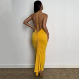 POSHOOT Backless Halter Back Ruched Sexy Midi Dress 2022 Green Club Party Beach Holiday Summer Dress Yellow Women Outfits