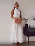 Poshoot Casual Embroidery Lace White Dress Fashion High Neck Sleeveless Pullover A-line Skirt Chic Waistband Beach Party Slim Vestido