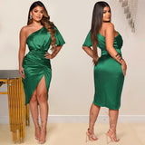 Poshoot Women Green Sexy Midi Dress Autumn Solid One Shoulder Exotic Club Prom Warp Dresses With Slit