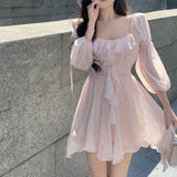 Poshoot  fashion inspo  Ruffle Long Sleeve Dress Square Collar Korean Fairy Dress Lace Up Spring High Waist A-line Slim Pink Short Summer Dress Sundress