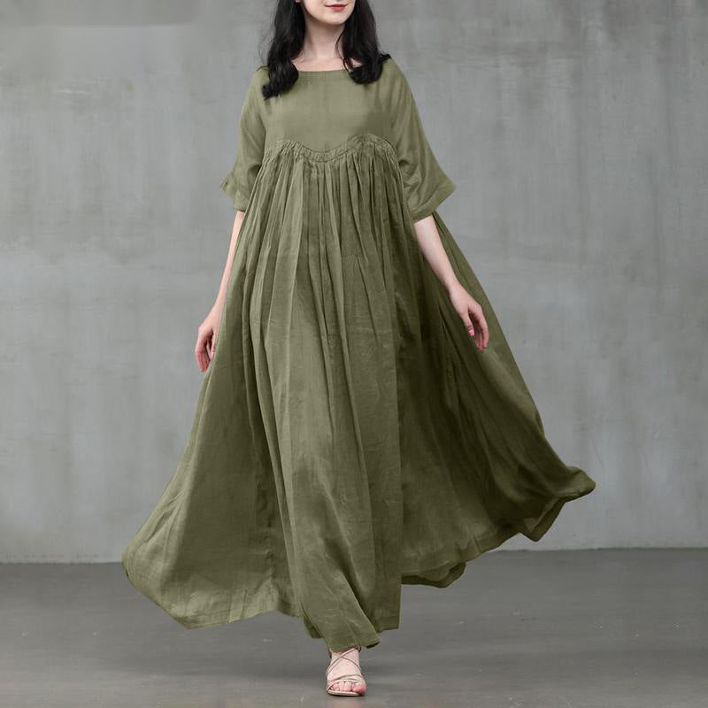 POSHOOT Casual Temperament Dress Women's Cotton And Linen Round Neck Pleated Large Swing Skirt Solid Color Large Swing Skirt Pullover