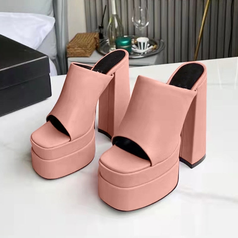 POSHOOT Super High Heel Pumps Double Platform Square Toe Sandals PU Leather High Heels Party Summer Female Pumps 2022 Fashion Shoes