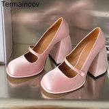 POSHOOT Women Pumps High Heels Mary Janes Chunky Heel Round Toe Stain Heeled Dress Shoes Pink Wedding Shoes Silk Hoof Heel