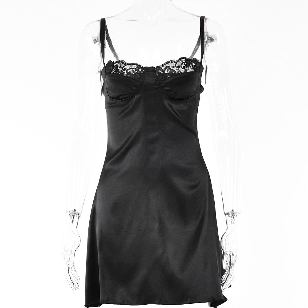 Poshoot 2023 Spring Satin Mini Spaghetti Strap Dresses Lace Chest Wrapping Party Dress Femme Clothes Fashion Vestidos