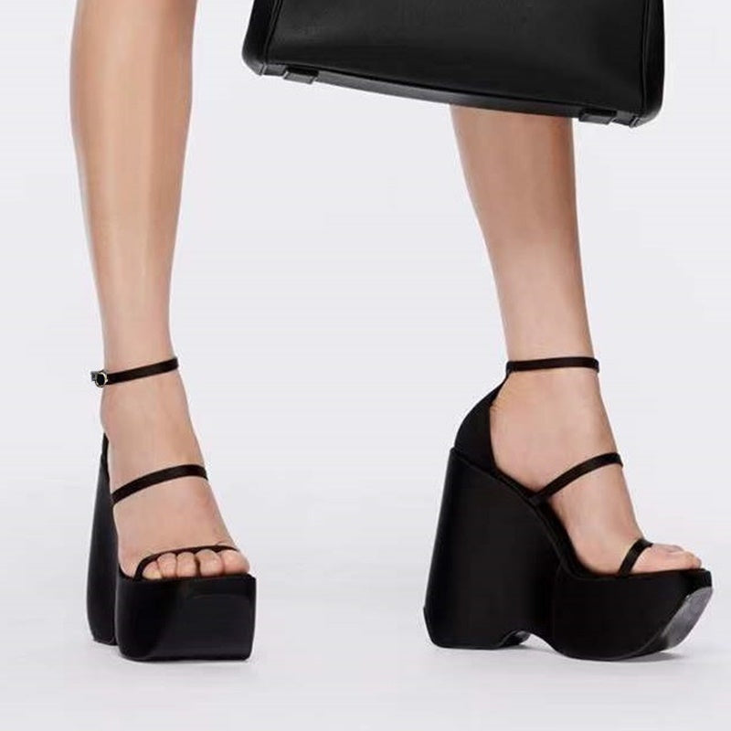 POSHOOT  Wedges Sandals Silk 13CM High Heels Fashion New Buckle Dress Shoes Square Toe Platform Heeled Big Size 42