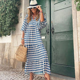 Poshoot Boho Loose Maxi Dress Women Elegant Summer 2022 Geometric Ankle-Length V-Neck Puff Sleeve Holiday Beach Dresses Party Vestidos