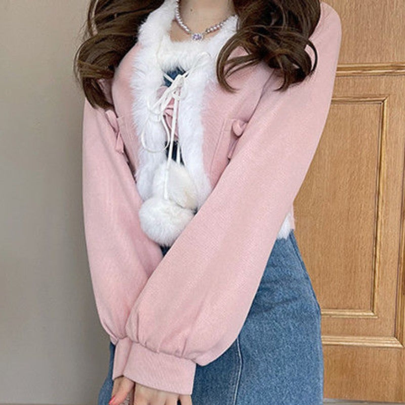 POSHOOT Winter Sweet Lolita Crop Sweater Women Pink Japanese Cute Kawaii Cardigan Sweater White Korea College Style Coat Autumn 2022 New