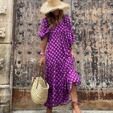 Poshoot Boho Loose Maxi Dress Women Elegant Summer 2022 Geometric Ankle-Length V-Neck Puff Sleeve Holiday Beach Dresses Party Vestidos