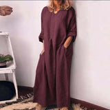 Vintage Casual Crew Neck Long Maxi Dress Women 2023 Spring Solid Pocket Simple Cotton Dress Autumn Long Sleeve Loose Boho Dress