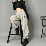 Poshoot  Autumn Outfits   Hippie Korean Style Letter Grey Sweatpants Women Kpop Streetwear Oversize Track Pants Harajuku Wide Leg Baggy Trousers